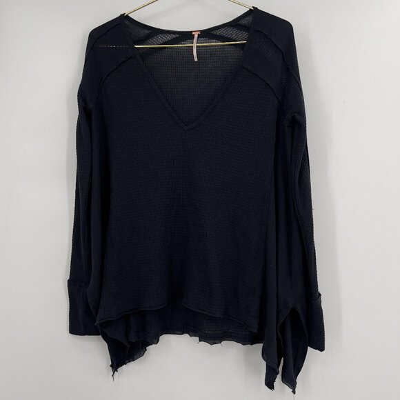Free People Black Waffle Knit V-Neck Long Sleeve Top Size Small - Picture 1 of 10